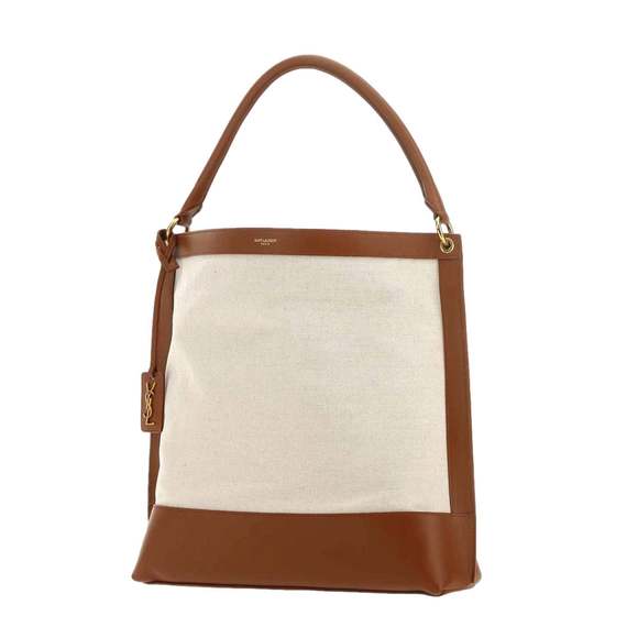 Saint Laurent Monogram Tag Canvas and Brown Leather Trim Hobo - Picture 3 of 9